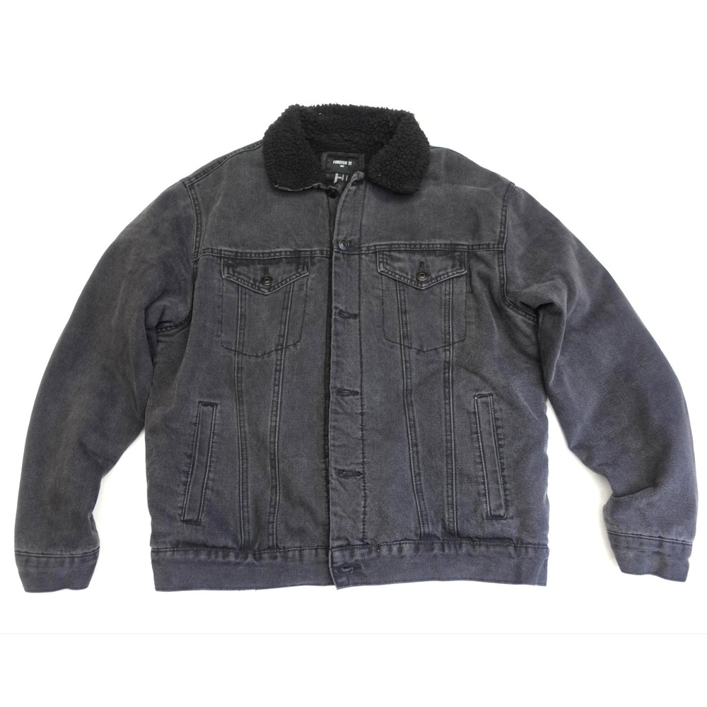 Forever 21 Jacket Mens L Black Denim Sherpa Lined Button Bomber Casual Winter